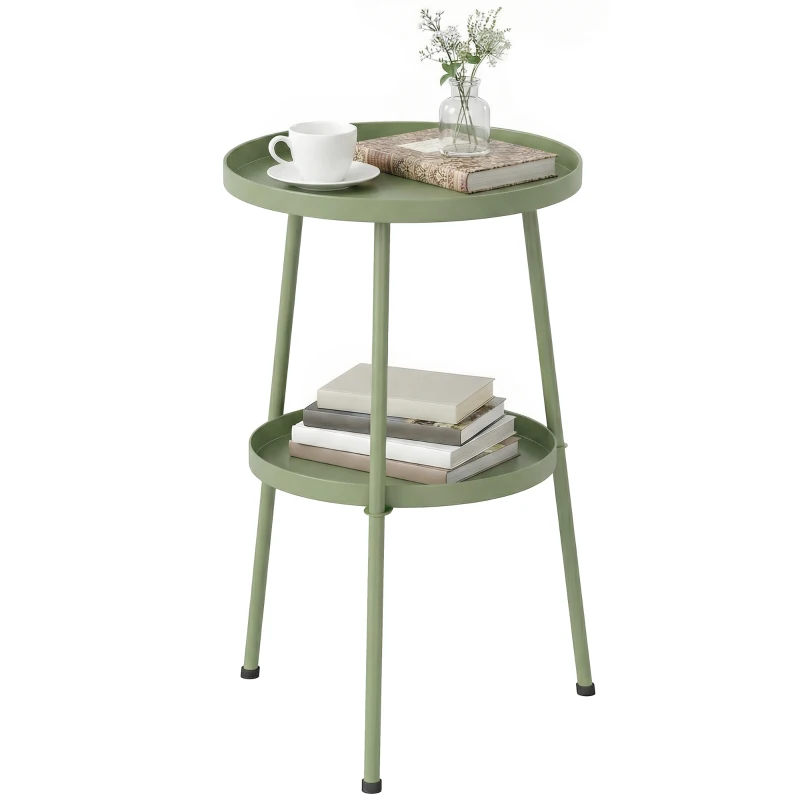 Outsunny Patio Side Table, 2-Tier Round Coffee End Table for Garden Balcony Living Room Bedroom, Light Green