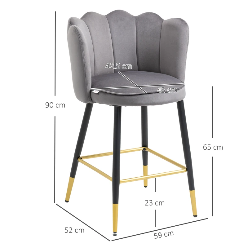 HOMCOM Set de 2 Scaune de Bar Catifelate cu Suport pentru Picioare și Bază din Oțel, 59x52x90cm, Gri