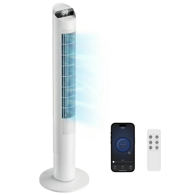 HOMCOM Tower Fan with WiFi App Control Standing Floor Cooling Fan Remote Control 101.8 cm White