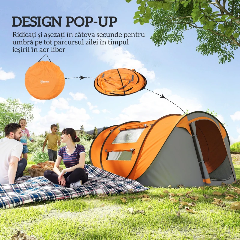Outsunny Cort de Camping Pop Up pentru 2 Persoane cu 2 Uși, 4 Ferestre și Înveliș Impermeabil, 263.5x220x123 cm, Verde