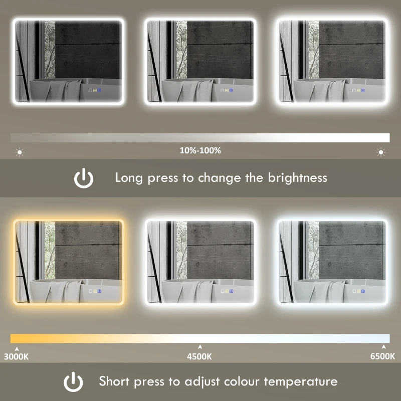 Lustro łazienkowe HOMCOM 700 x 900 mm z podświetleniem LED i Bluetooth, montowane na ścianie, z 3-kolorową regulacją jasności, przeciwmgielne, z funkcją pamięci, z przełącznikiem dotykowym, IP44