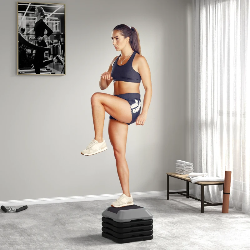 SPORTNOW Step para Fitness Stepper Antideslizante con Altura Ajustable de 10/15/20/25/30 cm Carga 150 kg Gris