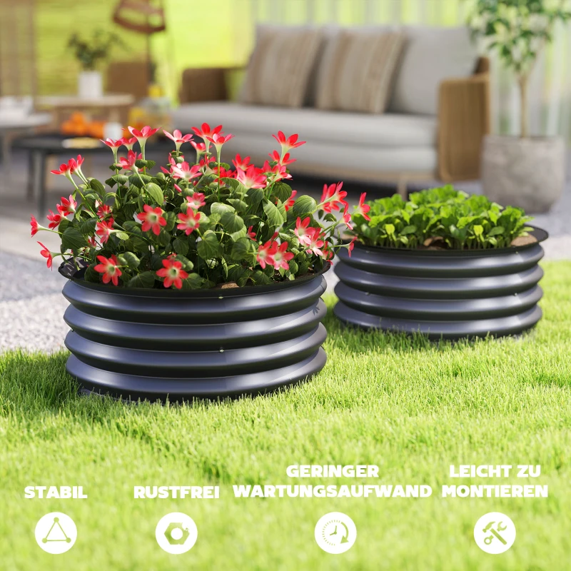 Outsunny 2-delige set verzinkte plantenbakken, Ø60 x 30H cm bloempotten met open bodem voor diverse planten, Donkergrijs