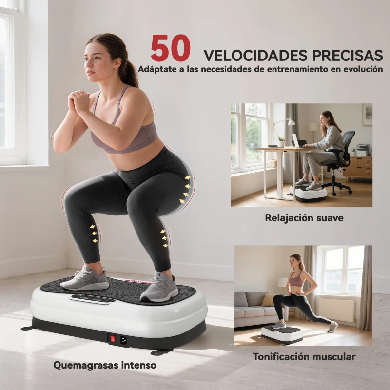 SPORTNOW Plataforma Vibratoria con 50 Velocidades 3 Programas Pantalla LED Mando a Distancia Bandas Elásticas Ejercicio en Casa