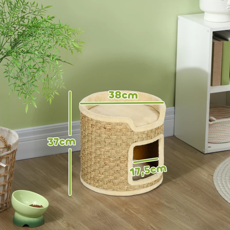 PawHut 37cm Cat Barrel Tower, Small Cat Tree for Indoor Cats with Plush Platform, Khaki