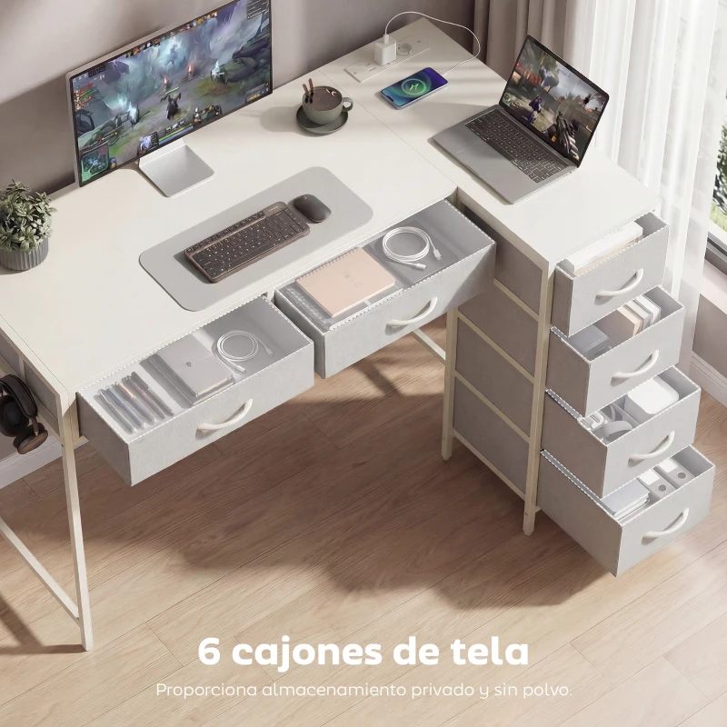 HOMCOM Escritorio Esquinero Reversible con 6 Cajones 126x48 cm con Toma de Corriente Puerto de Carga USB y USB-C Blanco