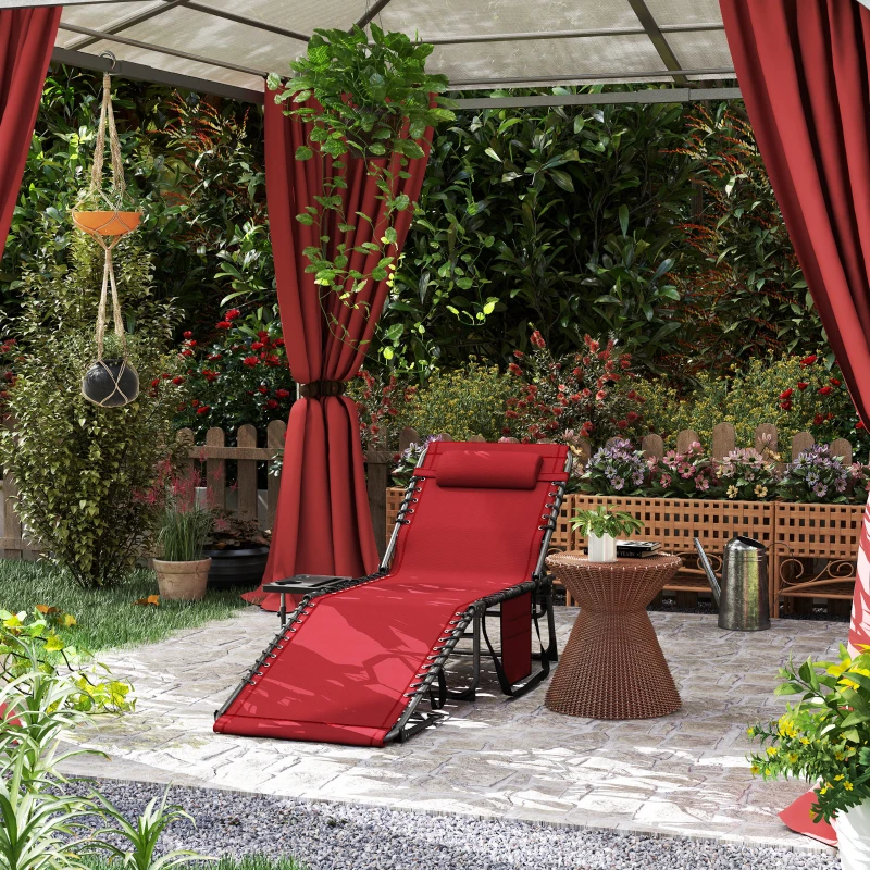 Outsunny Bain de soleil pliante dossier réglable sur 5 niveaux, plateau, appuie-tête, poche latérale 60x190x31cm, rouge
