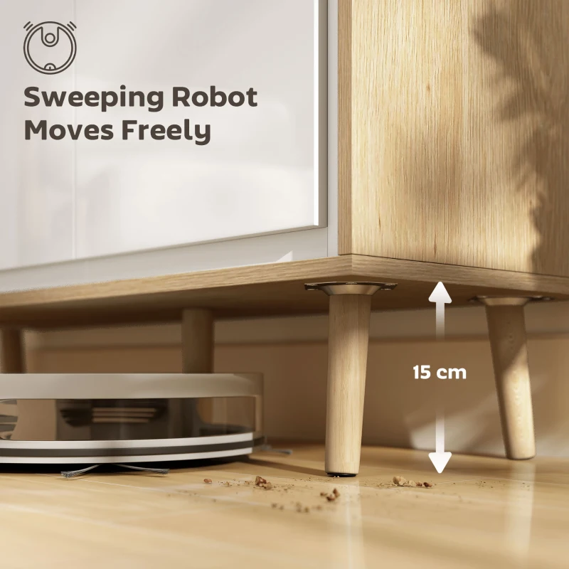 HOMCOM Bufet Modern cu 4 Uși și Raft Reglabil, 141x35x77 cm, Alb Lucios și Stejar