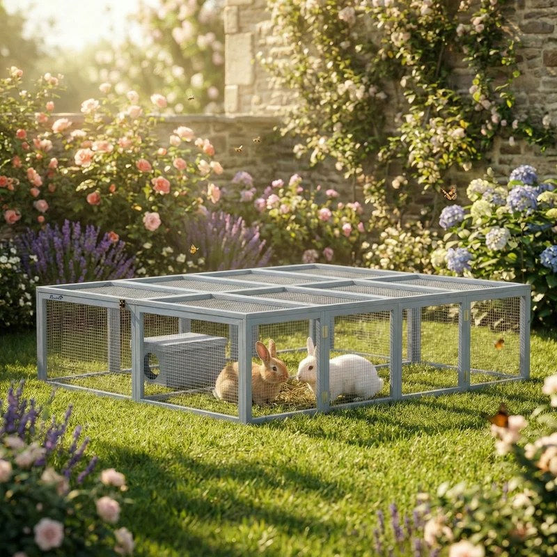 PawHut Konijnenhok met ren van hout en openklapbaar dak deuren schuilhuisje voor 2-4 dwergkonijnen 180,4 x 150 x 48 cm grijs