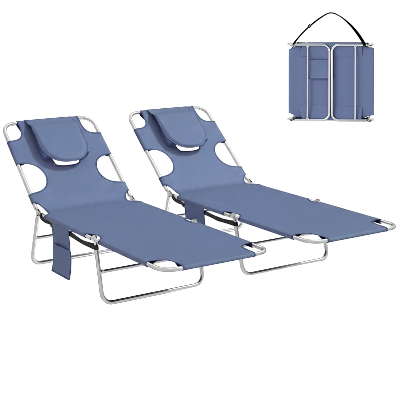 Outsunny 5-Position Adjustable Sun Loungers Set of 2 with Reading Hole and Side Pocket, Grey