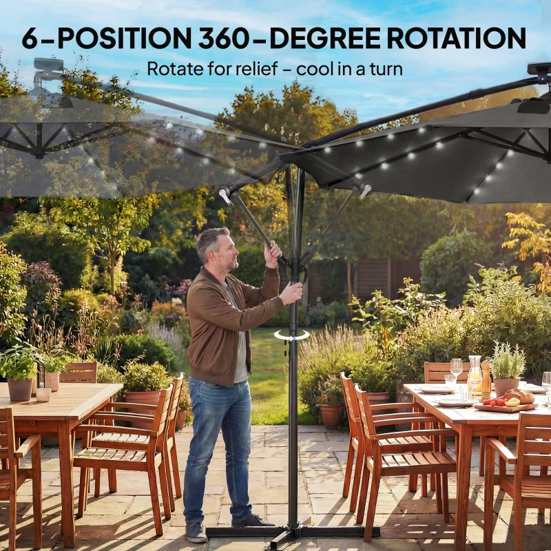 Outsunny Parasol ogrodowy LED Solar Ø300 cm, obrotowy z korbą, stojakiem i pokrowcem, ciemnoszary