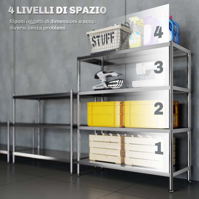 HOMCOM Scaffale da Cucina a 4 Livelli Regolabili su 10 Altezze Diverse, in Acciaio Inox, 91x40x108 cm, Argento