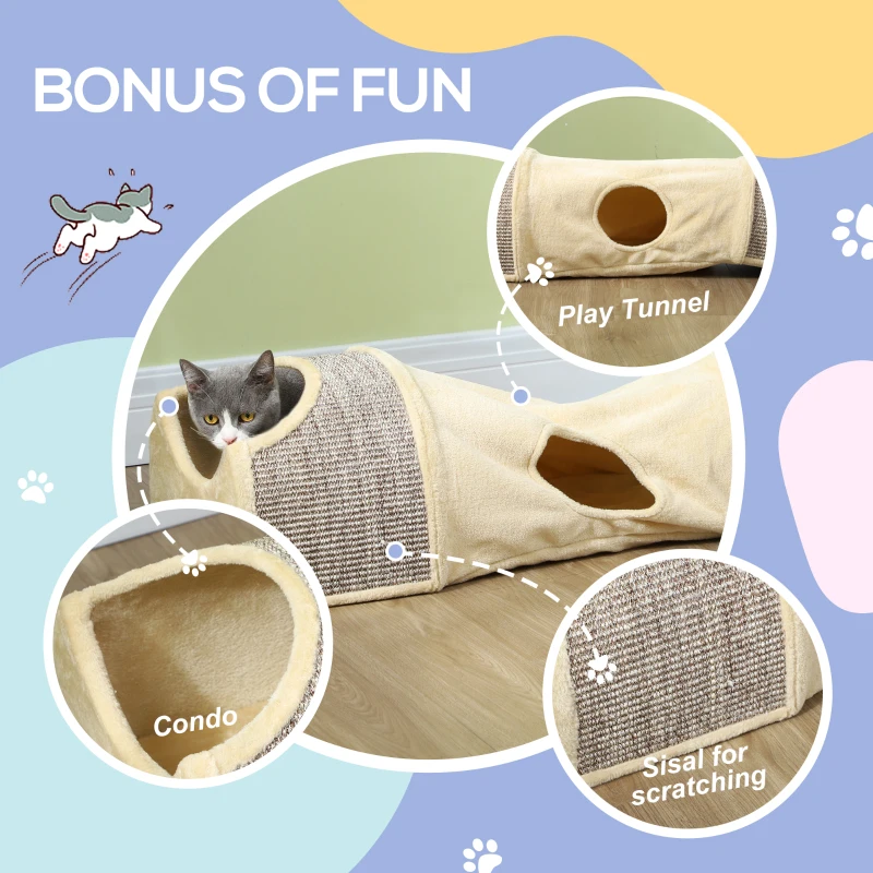 PawHut Cat Play Tunnel with 2 Condos, Hide and Seek Pet Toys for Indoor Kittens with Multiple Entrances, Sisal Material, Beige