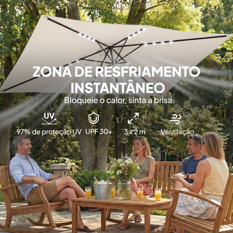 Outsunny Chapéu de Sol de Jardim com 24 Luzes LED Solares Cobertura Inclinável Poste Metálico 29x25 m Creme