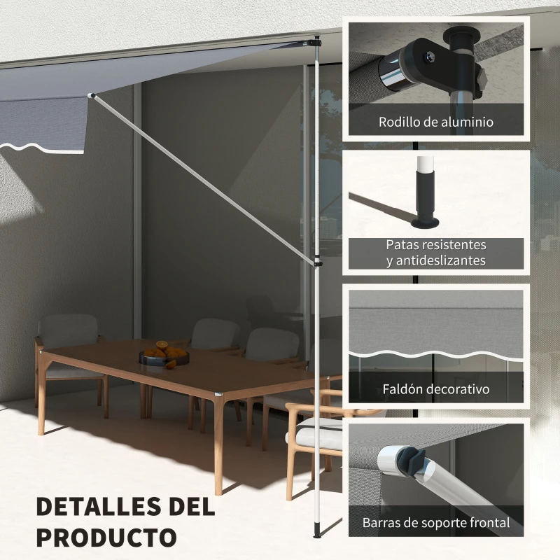 Outsunny Toldo Manual Retráctil 4x1,2 m Altura Ajustable 170-280 cm con Manivela Anti-UV e Impermeable Sin Taladro Gris Oscuro