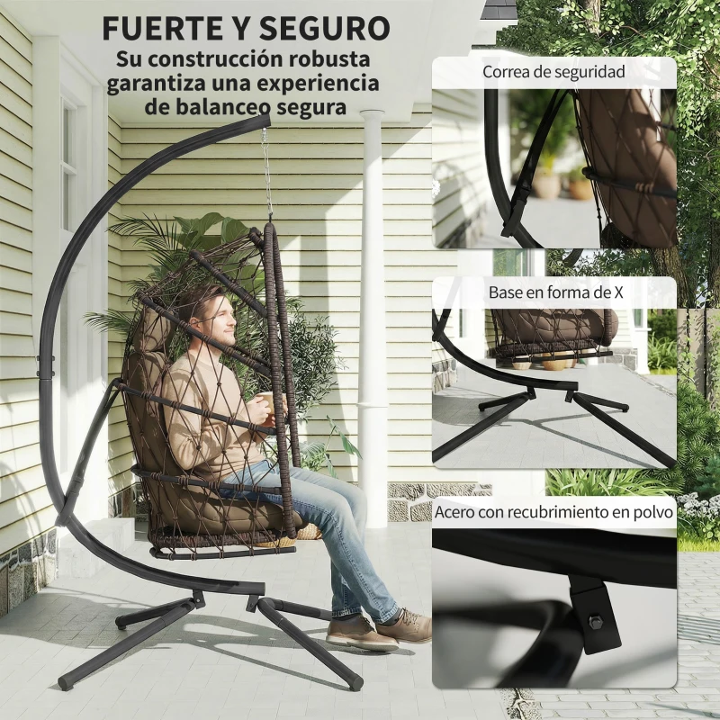Outsunny Silla Colgante Huevo con Soporte Cesta Plegable Cojín Reposacabezas Funda Protectora y Cuerda Carga 120 kg Marrón