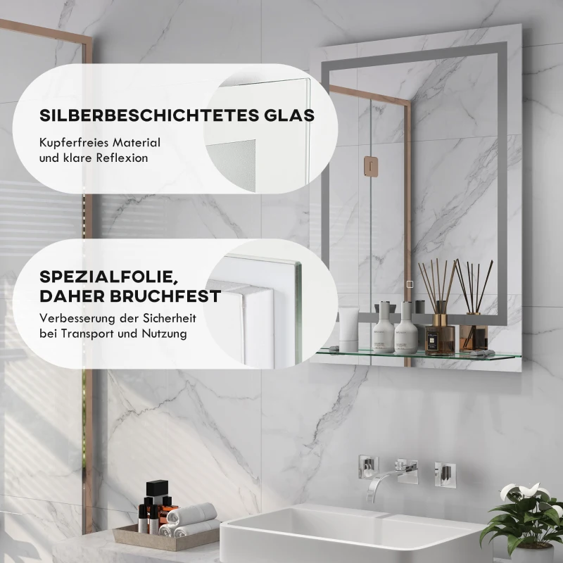 kleankin Lustro łazienkowe z oświetleniem LED, 3 kolory światła, funkcja anty-parowanie, zasilane kablem, 70 x 50 cm