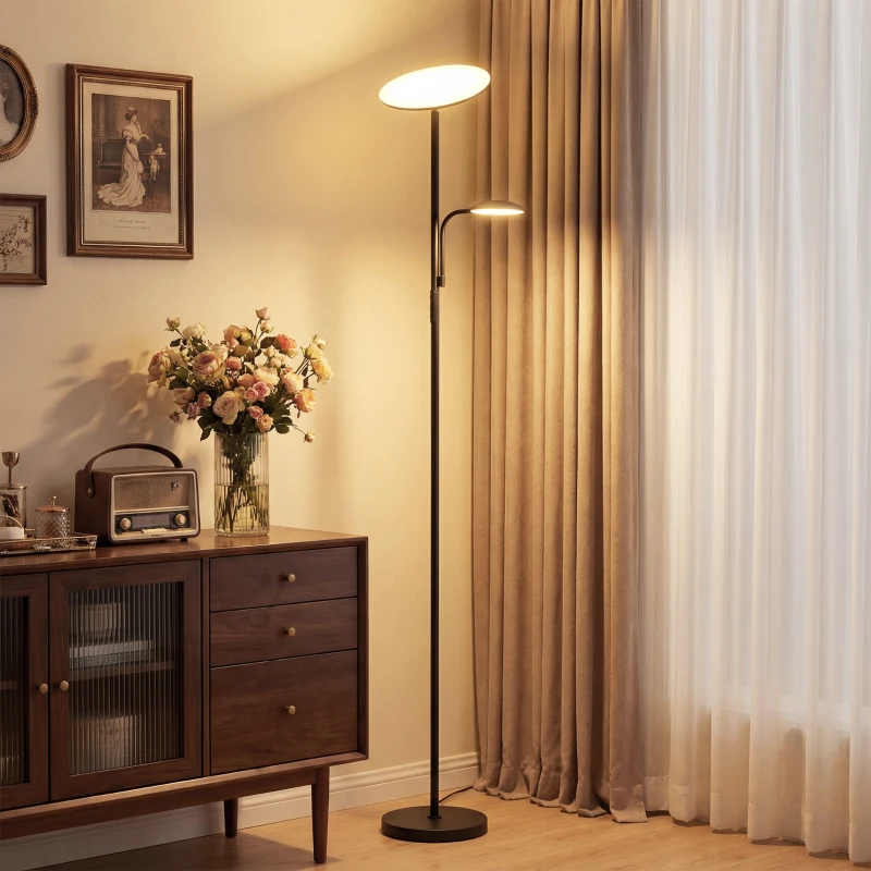 HOMCOM Lampada da Terra con 2 Punti Luce Regolabile a 4 Livelli, Temperatura 2700K-6500K e Telecomando, Nero