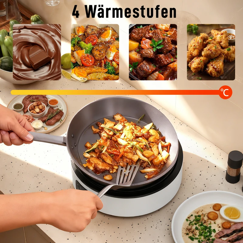 HOMCOM Dual-Keramikkochfeld, 2-in-1 Design, zum Kochen und Grillen, 2000W, 4 Hitzestufen, LED-Display, Fettfangschale, Weiß