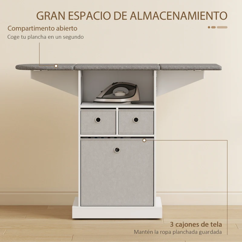 HOMCOM Mueble de Plancha con Ruedas Tabla de Planchar Plegable 3 Cajones de Tela 121x37x89,5 cm Blanco