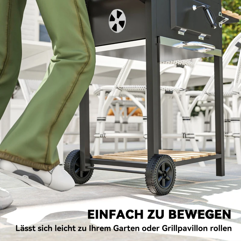 Grill węglowy ze stali nierdzewnej, mobilny, z pokrywą, termometr