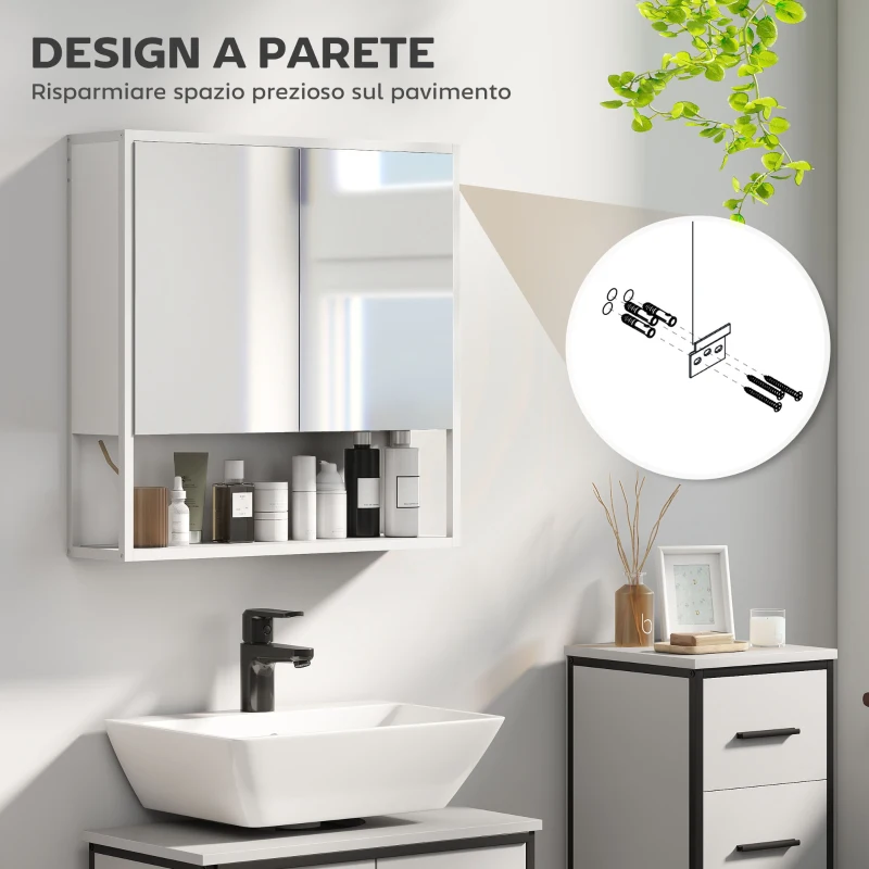HOMCOM Mobile Bagno a Parete con Specchio, Armadietto con Mensola Regolabile e Ripiano Aperto, 60x16x60 cm, Bianco