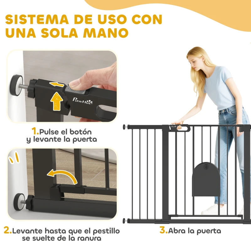 PawHut Barrera de Seguridad para Perros con Puerta Pequeña para Escaleras y Puertas 75-131 cm con 3 Extensiones Negro