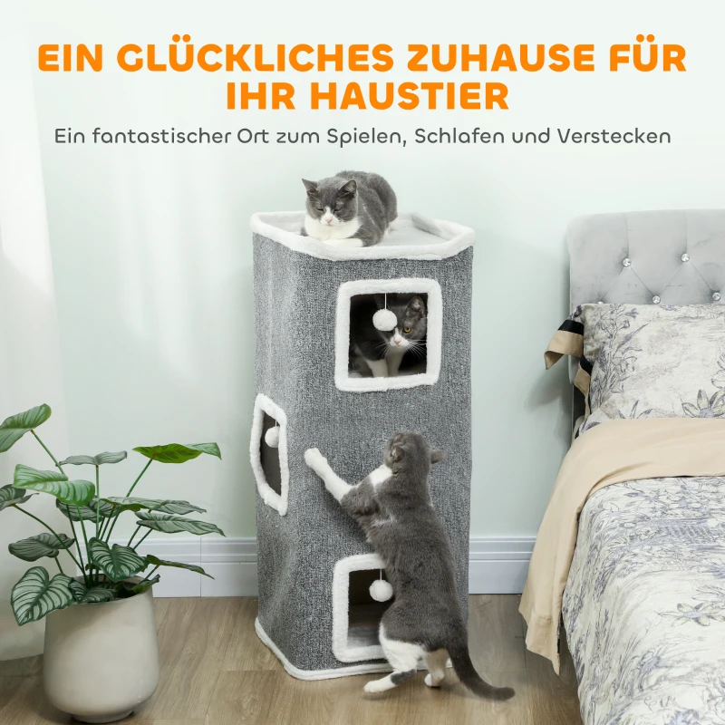 PawHut 4-stufiger Katzenturm, Kratzbaum mit 3 Höhlen, Spanplatte, Spielbälle, Grau