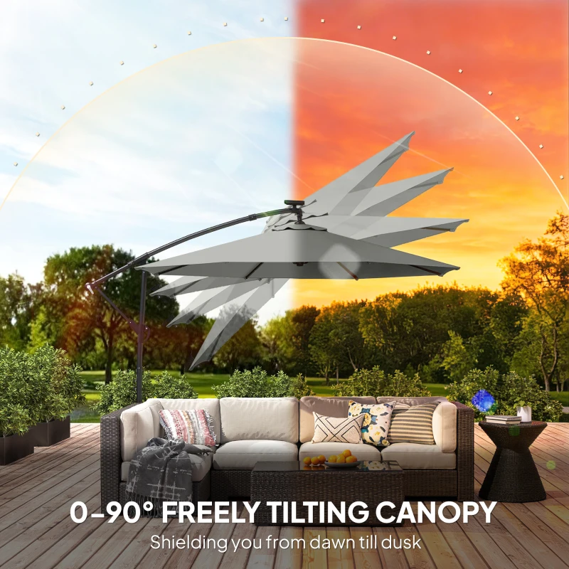 Outsunny Parasol ogrodowy LED solar Ø300 cm, obrotowy, z korbą, stojakiem i pokrowcem, jasnoszary