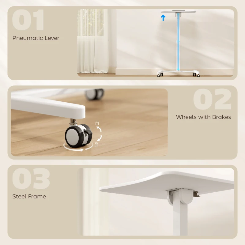 HOMCOM Regulowane Biurko Stojące, Mobilne Biurko z Regulowanym Blatem, Blokada Bezpieczeństwa, Kółka, Białe