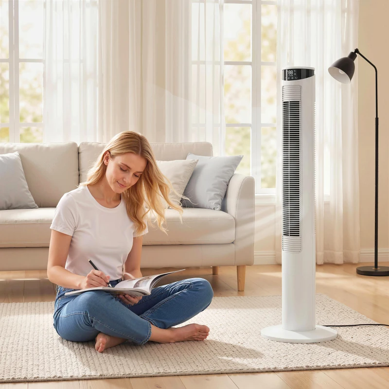 HOMCOM Tower Fan with WiFi Control Standing Floor Fan with Remote Control 116 cm White