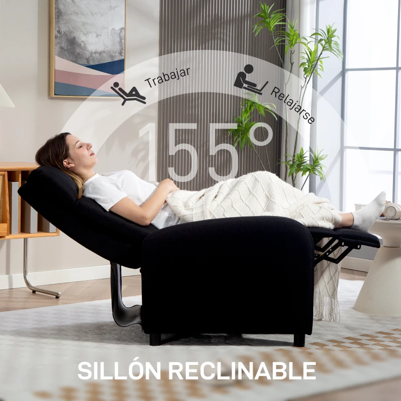 HOMCOM Sillón Relax Reclinable Manual hasta 155º Apertura Push con Reposapiés Respaldo Alto Acolchado Grueso Negro