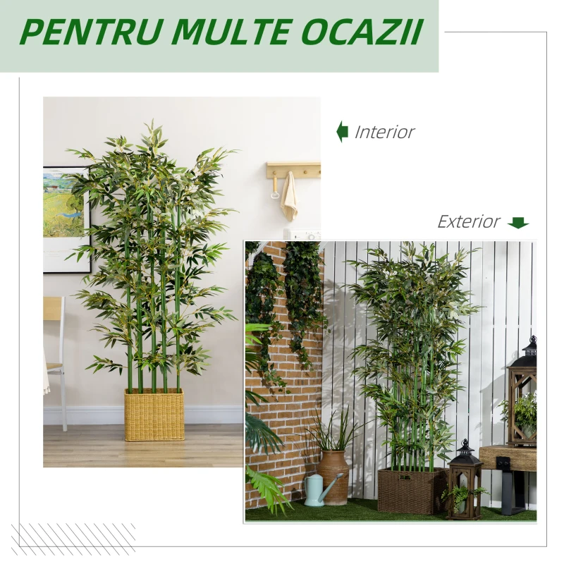 HOMCOM Plantă Artificială de Bambus, Înălțime 180 cm, cu 1640 de Frunze și Bază din Lemn de Pin, 35x10x10 cm, Verde