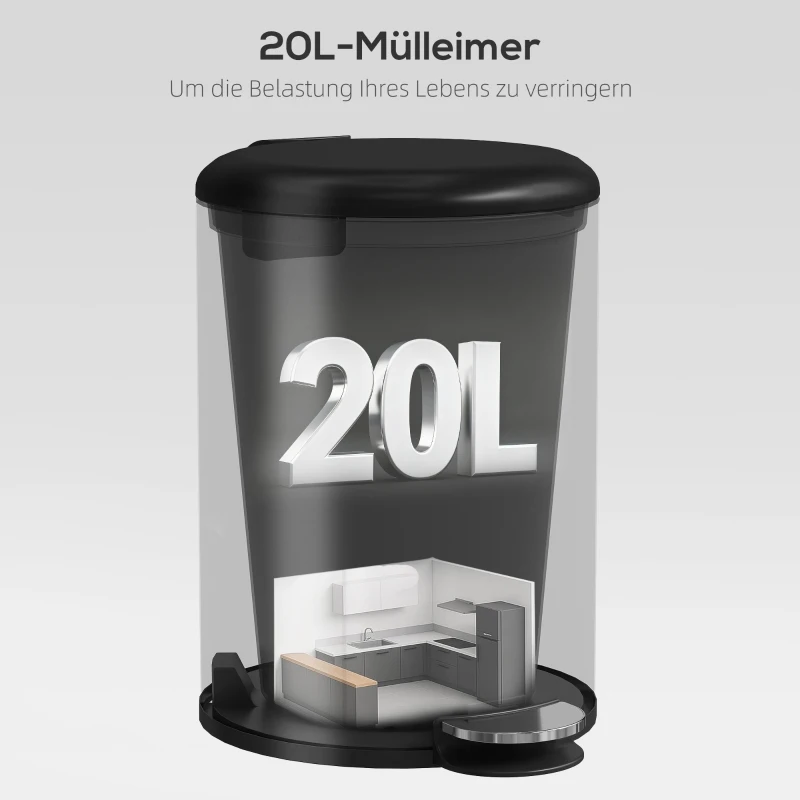 HOMCOM 20-Liter Küchen-Mülleimer, Fingerabdruckresistenter Metall-Abfalleimer mit Soft-Close-Deckel, Fußpedal und herausnehmbarem Eimer, Schwarz