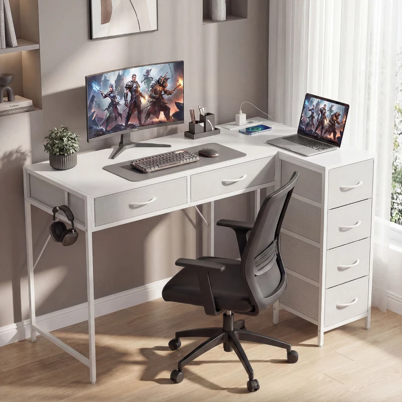 HOMCOM Escritorio Esquinero Reversible con 6 Cajones 126x48 cm con Toma de Corriente Puerto de Carga USB y USB-C Blanco