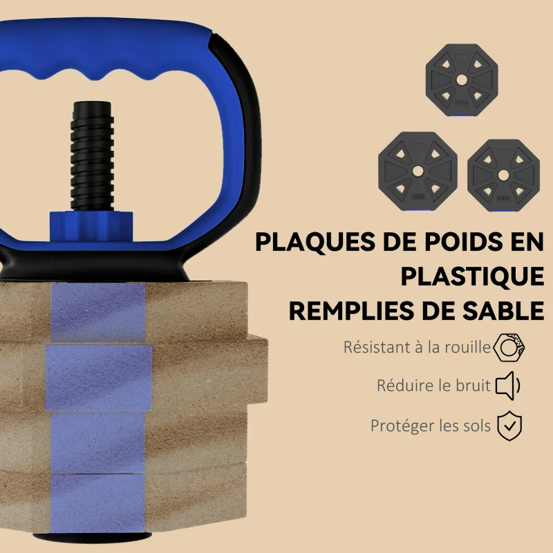 SPORTNOW Ensemble d'haltères musculation 6-en-1 haltère réglable 20 kg kettlebell, barre de musculation support pour pompes bleu