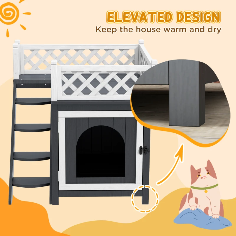 PawHut Wooden Cat House, Two-Floor Cat Shelter with Balcony, Stairs, Indoor Outdoor Small Pet Condo for Rabbits, Cats, Grey