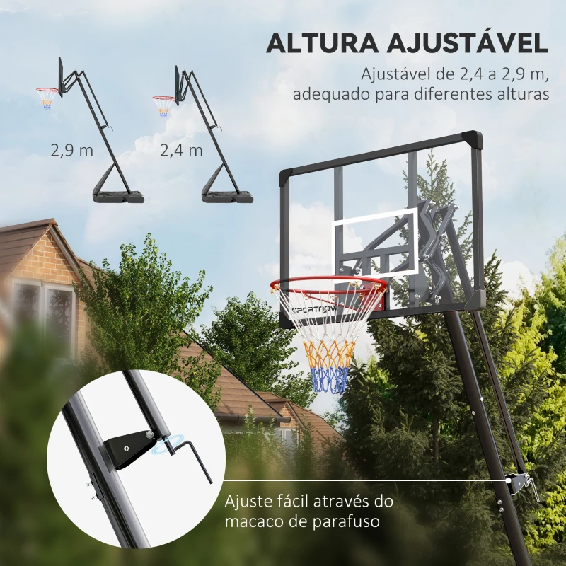 SPORTNOW Cesta de Basquetebol Ajustável 236-293 cm com Rodas Painel de PC Base Recarregável para Exterior Preto