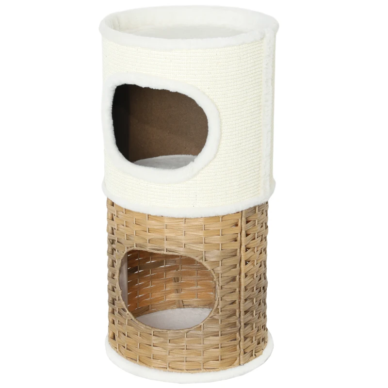 PawHut Cat Scratching Barrel, 3-Level Cat Tree Tower with Sisal Scratching Post, 2 Entrances, 80H cm, Cream