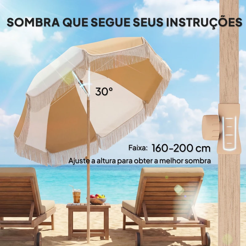 Outsunny Chapéo de Sol de Praia com Franjas Ø175 cm Chapéu de Sol de Terraço Exterior com Altura Ajustável Inclinação de 30° em Branco e Bege