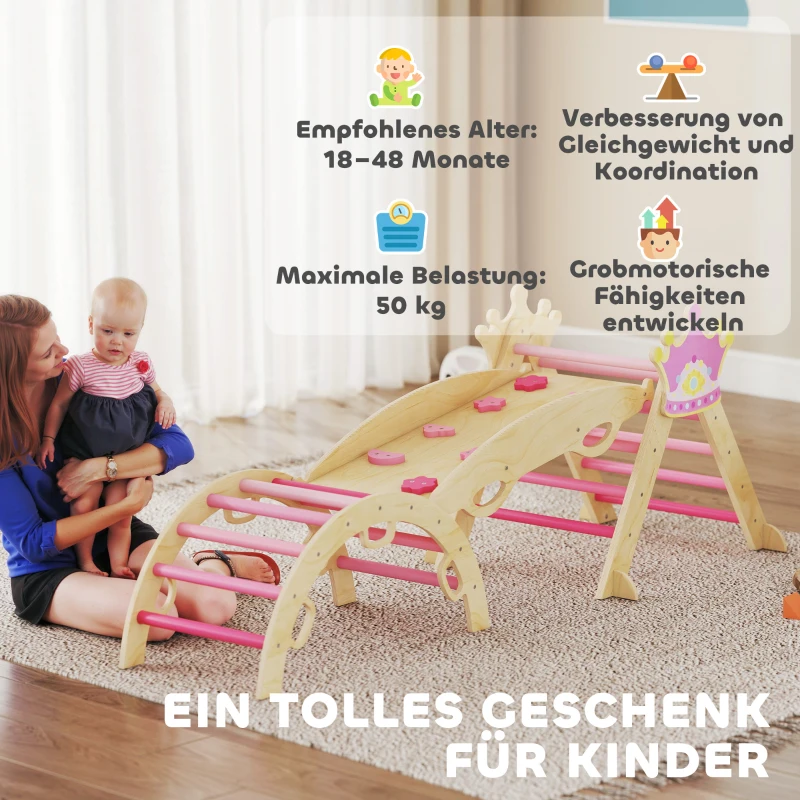 AIYAPLAY 8-in-1 Indoor-Klettergerüst für Kinder, Prinzessinnen-Design, Rutsche, Rampe, Bogen, Holz