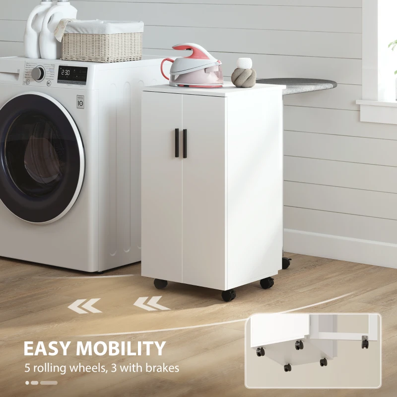 HOMCOM 2-in-1 opklapbare Strijkplankkast op Wielen met Strijkplank en Verstelbaar Rek voor Kleine Ruimtes, Wit