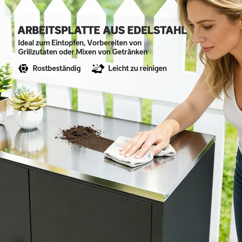 Outsunny Gartenschrank mit Pflanztisch Geräteschuppen mit Edelstahl Arbeitsplatte abnehmbar Regal magnetisch Doppeltür Rolle