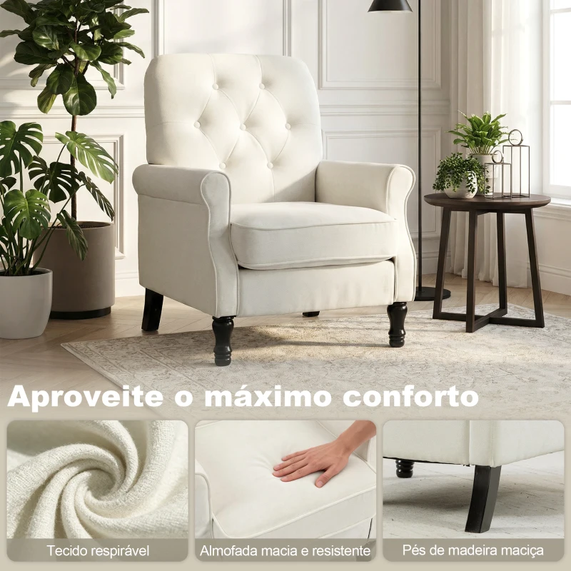 HOMCOM Sofá Individual Estofado em Linho Assento Acolchoado Espesso Encosto Capitonê Pés de Madeira Maciça Creme