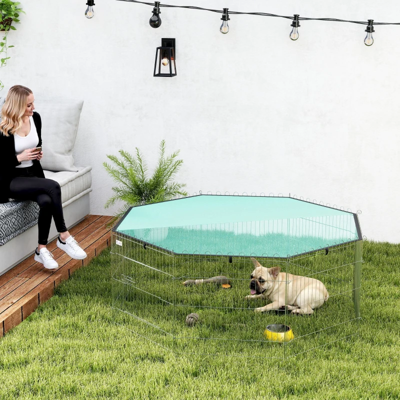 PawHut Parc pour chien, enclos chien 8 panneaux avec toit, modulable et pliable, enclos portable 60H cm avec porte argent vert