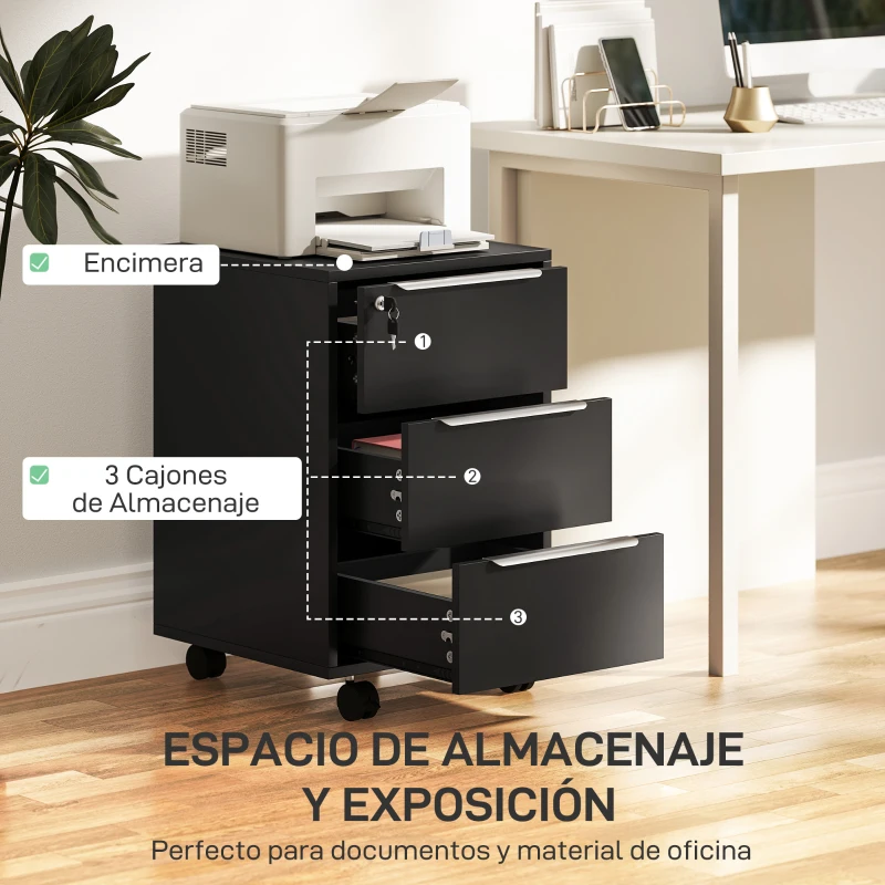 HOMCOM Cajonera de Escritorio con 3 Cajones Ruedas Cerradura y 2 Llaves para Estudio Salón 40x40x63,5 cm Negro