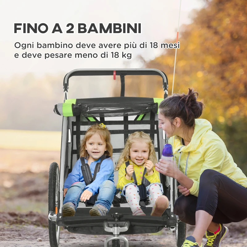 HOMCOM Rimorchio Bici per Bambini e Passeggino 2 in 1 con Cintura, Tasche e Bandierina, Verde