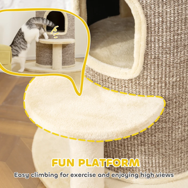 PawHut Cat Barrel 61H cm, 2-Level Small Cat Tree with Jumping Platform, 2 Caves, Sisal Scratching Exterior, for Lounging and Playing, Beige