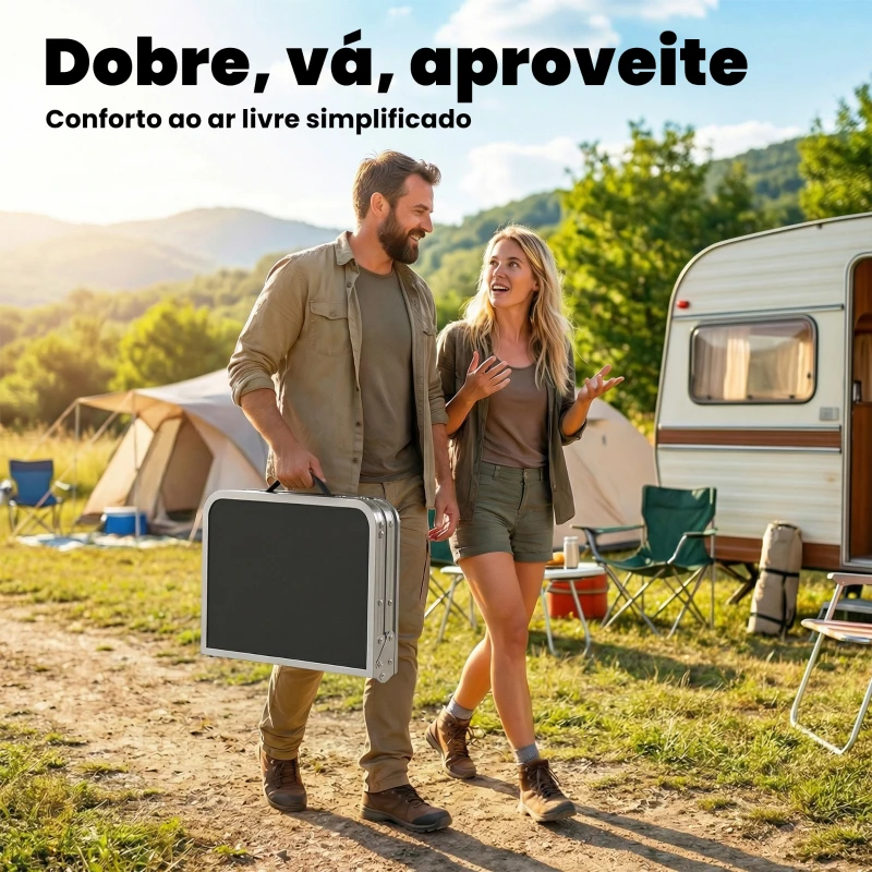 Outsunny Mesa Dobrável de Campismo 60x40x60 cm com Altura Ajustável em 4 Níveis Rede de Armazenamento Estrutura de Alumínio Preto