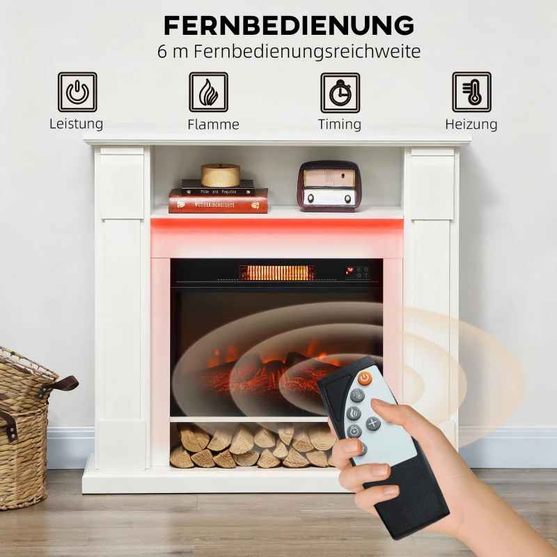 HOMCOM Elektrischer Kamin mit LED-Lichtern, realistischer Flammen-Effekt, 1800W, Kaminsims, 2 Fernbedienungen, Glas, Weiß